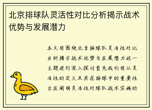 北京排球队灵活性对比分析揭示战术优势与发展潜力