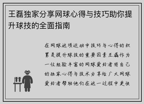王磊独家分享网球心得与技巧助你提升球技的全面指南