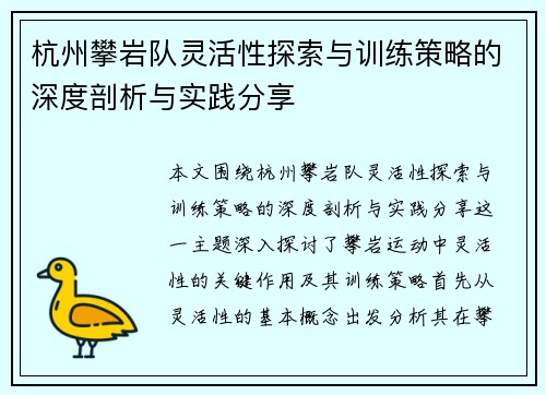 杭州攀岩队灵活性探索与训练策略的深度剖析与实践分享